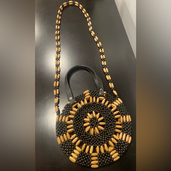 Handcrafted Beaded Black and Tan Round Bag - Picture 2 of 5